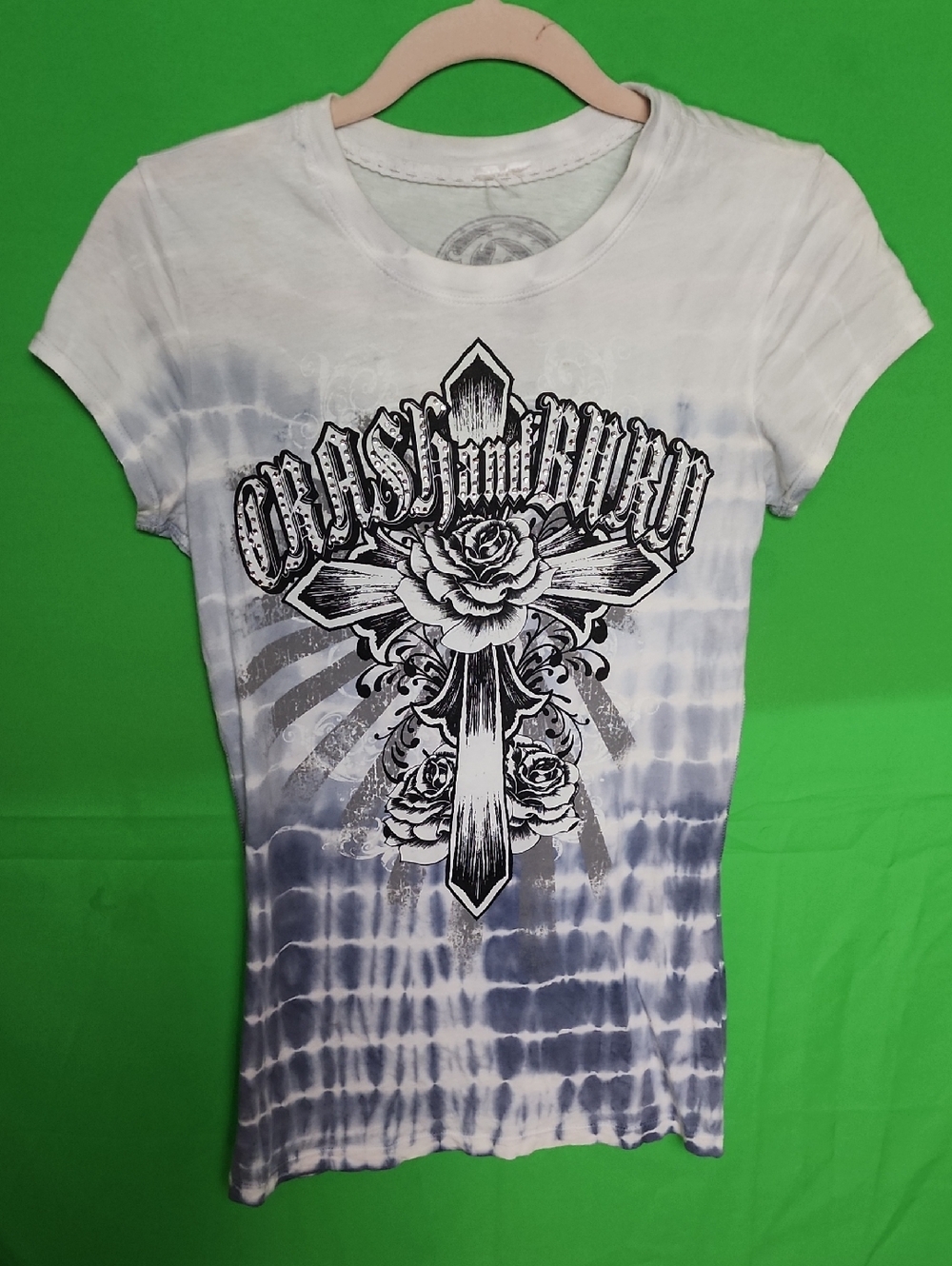 Crash & Burn Y2K Tie Dye Gothic Cross Wing Graphic Tee M